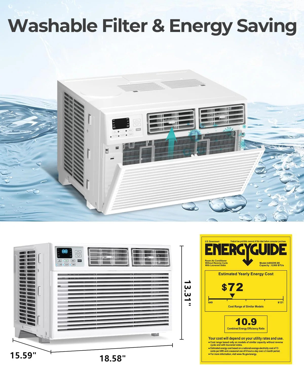 COWSAR U-Shaped Window Air Conditioner 8000-10000–12000 BTU, Quiet Smart AC with Remote & Timer, Cools 450–550 Sq.Ft.